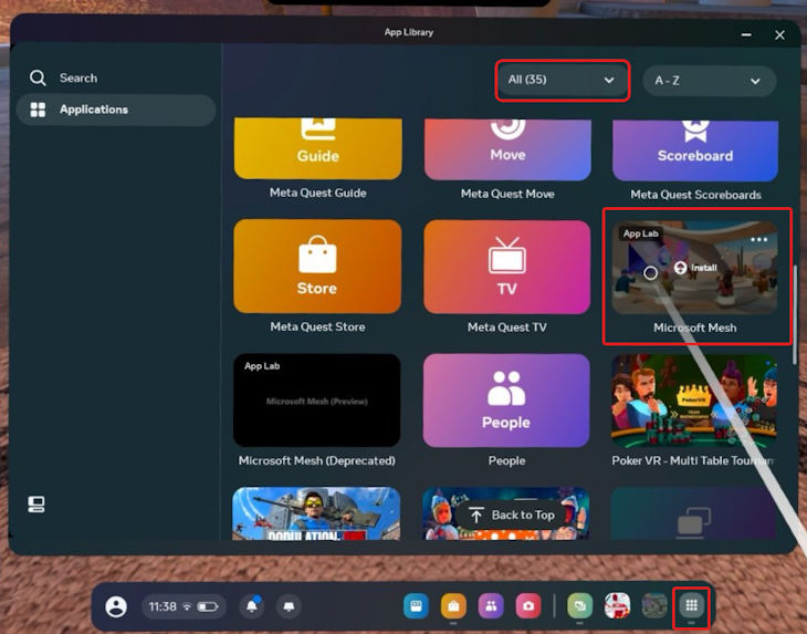 Find the Mesh app to download from the Quest App Library