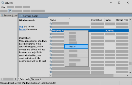 restart audio services: Windows Audio, Windows Endpoint Builder, and Remote Procedure Call (RPC)