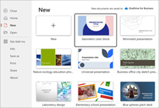 Screenshot of theme selection for a new presentation on Office.com.