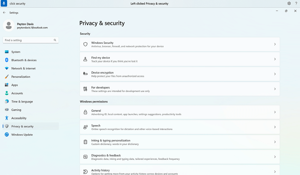 An example of a voice access command to find partial matches show the voice access command Click security in the Windows Privacy and security settings.