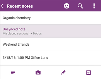 The Recent Notes list in OneNote for Android