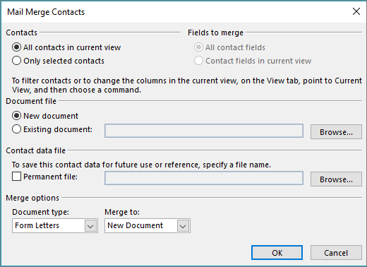 Click Mail Merge on the Home tab of the Contacts folder to start a mail merge