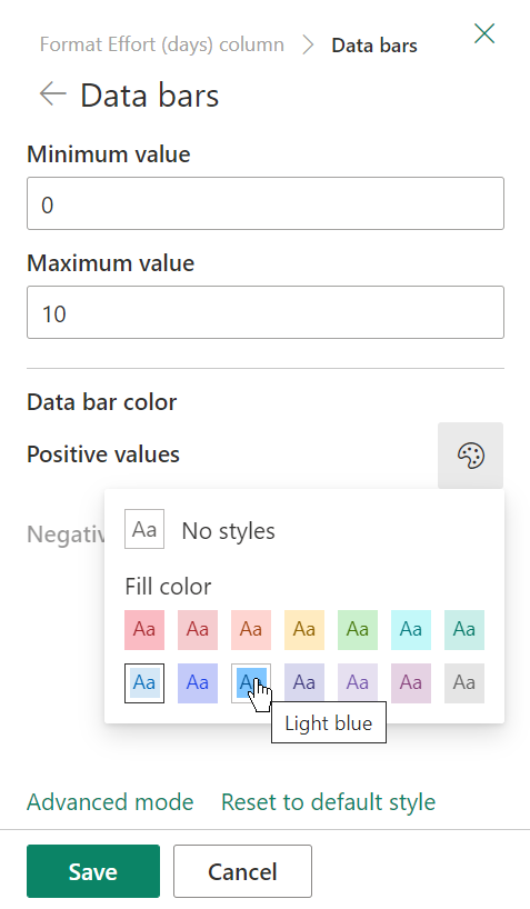 Options for formatting data bars in a SharePoint list column.