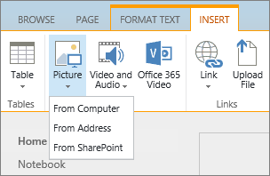 Screenshot of the SharePoint Online ribbon. Select the Insert tab and then select Picture to choose whether to upload a file from your computer, a web address, or a SharePoint location.