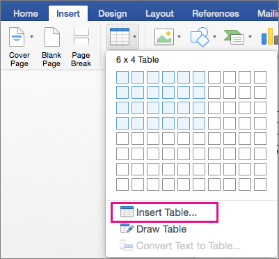 Insert Table is highlighted to create a custom table