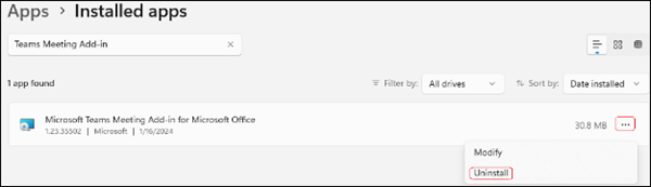 Uninstall Teams add-in