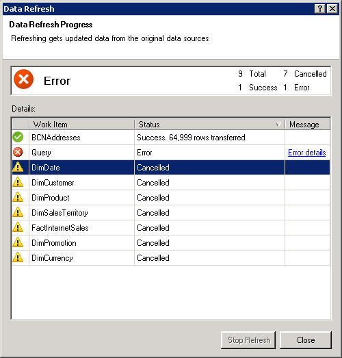 Data refresh status messages in Power Pivot