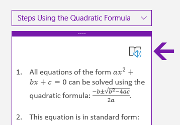 Immersive Reader icon in the Math pane in OneNote for Windows 10