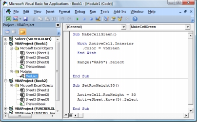 A module that contains two macros stored in Module1 of Book1