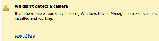 Screenshot of camera not being detected