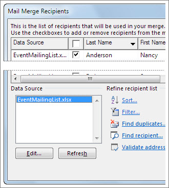 Mail merge recipients list options