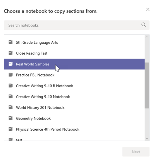 Choose a notebook to copy sections from.