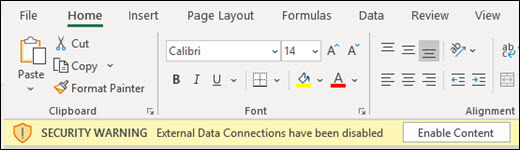 External Data Connections have been disabled - Check Enable Content to enable.
