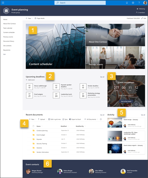 Screenshot of Event planning SharePoint site template with numbers