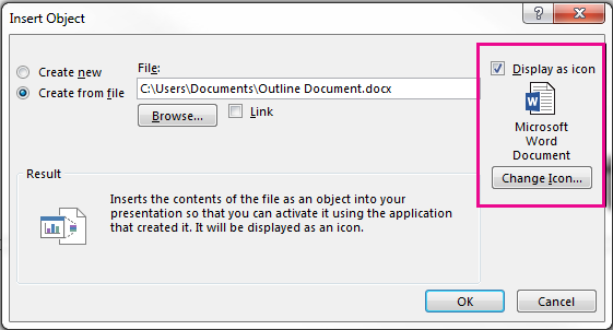 The Insert Object dialog box with the check box for "Display as icon" selected