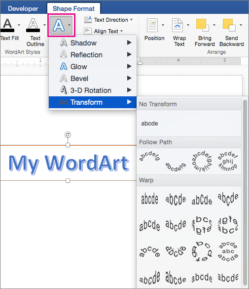 Shape Format tab with the Text Effects option highlighted.