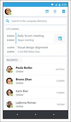 Skype for Business for Android home screen