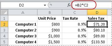 Example of formula for calculating a percentage