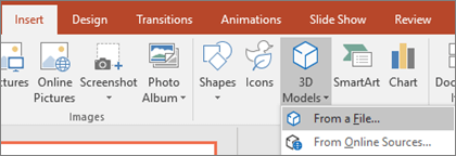 Use Insert > 3D Models to add 3D objects to your presentation