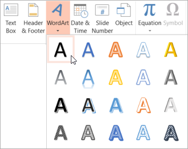 Choosing a WordArt style on the Insert tab