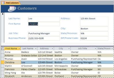 A split form in an Access desktop database