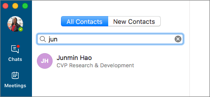 Screenshot of Contacts tab, with search text entered and search result shown.