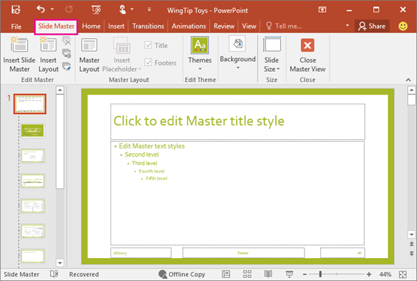 Shows slide layout in PowerPoint Slide Master View