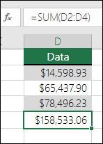 Use the SUM function instead of hard-coding values in formulas.  Formula in cell D5 is =SUM(D2:D4)