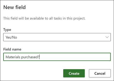 Screen shot from Project of New field dialog showing Field name filled out