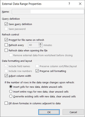 Example of the External Data Range Properties dialog box