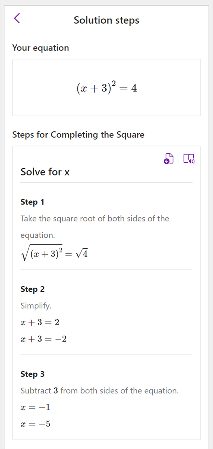 Screenshot of the math pane in OneNote desktop. Solution steps are shown for using the completing the square method to solve for x. 