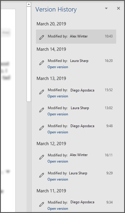 The Version History pane in Office showing several past versions of the file