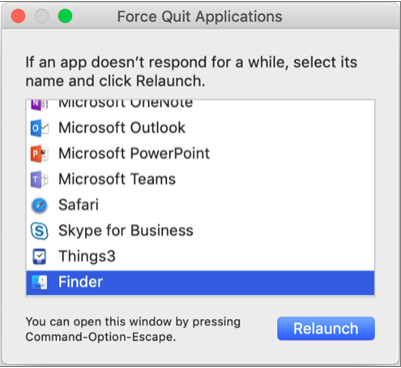 Shows "Finder" selected in the Force Quit Applications window.