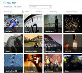 Screenshot of an Asset Library in SharePoint. It shows thumbnail pictures of several videos and images that the library contains. It also shows the standard metadata columns for media assets.