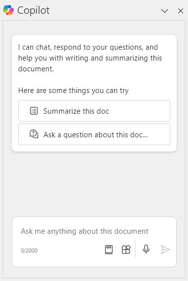 Screenshot of the Copilot chat pane in Copilot in Word desktop application