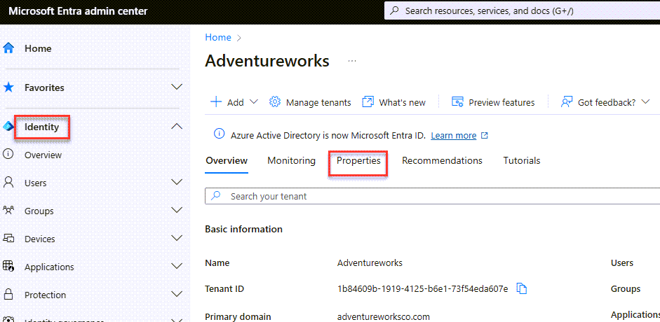 The properties item in the Azure Active Directory (AAD) admin center.