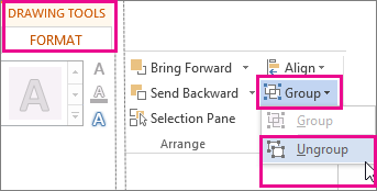 Ungroup option on the Drawing Tools Format tab