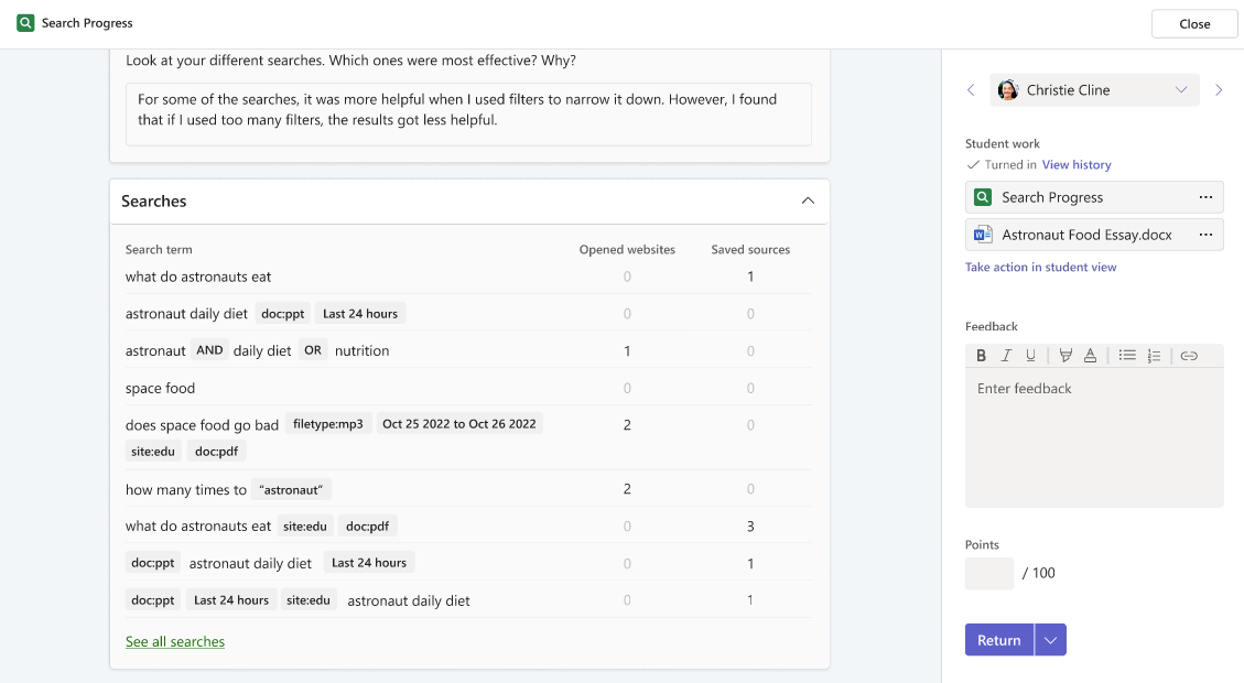 Screenshot of the assignment summary page in Search Progress, showcasing the search history of the student throughout their assignment process.