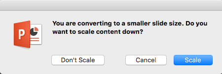 When you change slide sizes, PowerPoint asks whether to scale your content to fit on the slide.