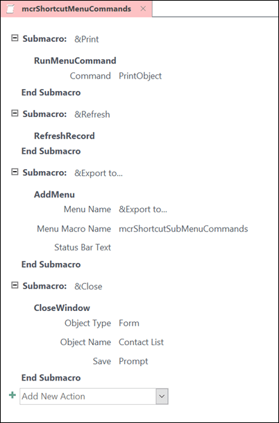 Screenshot of an Access macro with four submacros