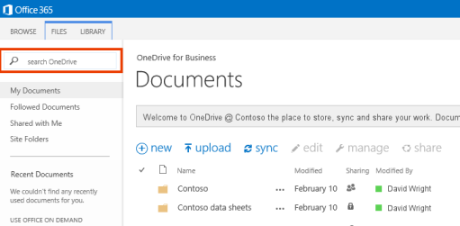 Screenshot of the One Drive Query Box in Office 365.