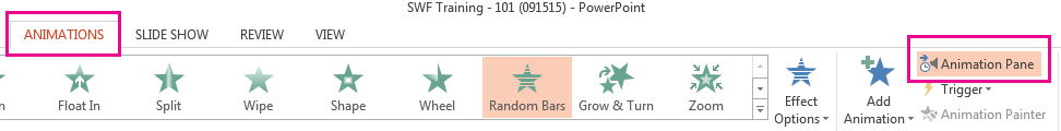 The Animations Pane option is on the Animations tab.