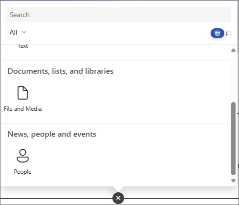 Screenshot of the pane to choose a web part, showing File and Media and People web parts.