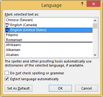 Language dialog box