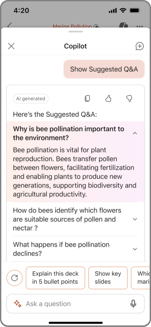 Screenshot of Copilot in PowerPoint on iOS device with suggested Q&As