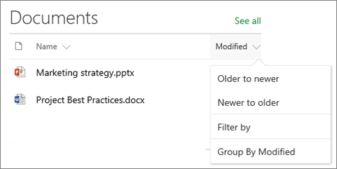 Document Library web part showing sort, filter, and group menu