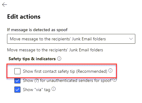 The anti-phishing actions panel, with the Show first contact safety tip option highlighted.