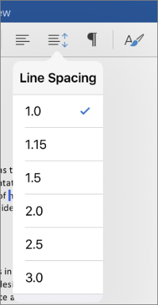 Shows the line spacing options in Word for iPad.