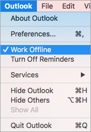 Shows the Work Offline option selected on the Outlook menu