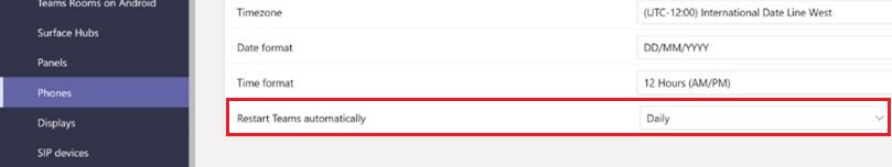 A screenshot of Teams Admin Center settings. A red box highlights the app restart setting for Teams phones.